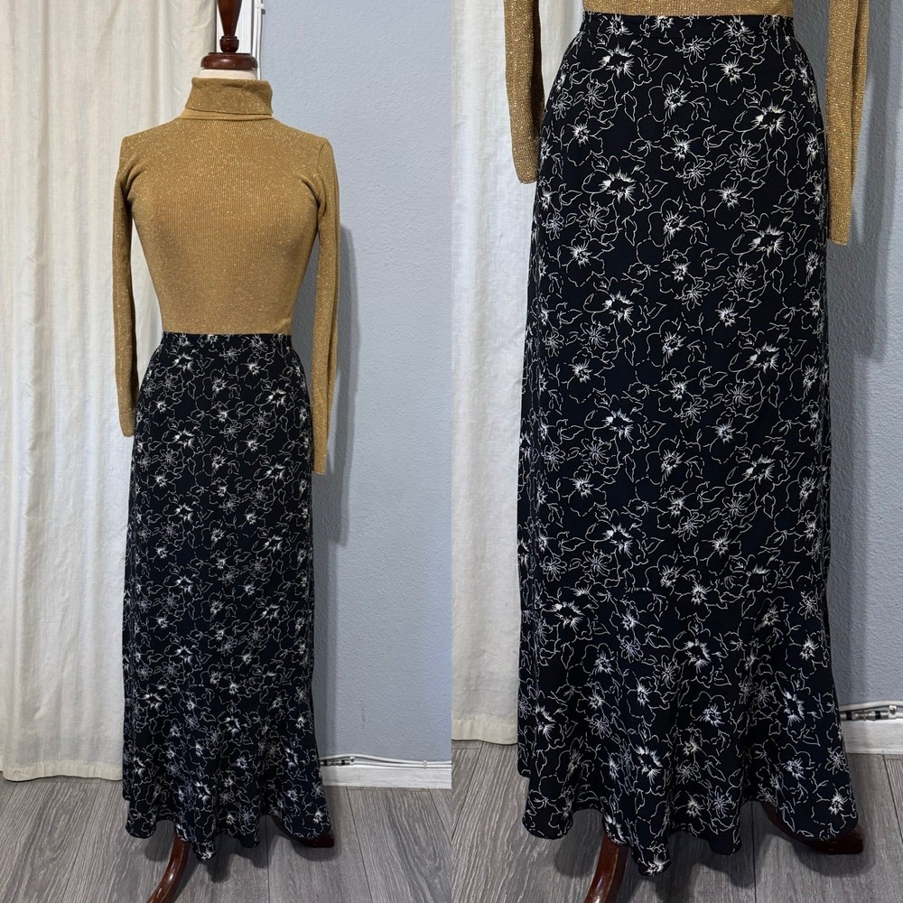 Norton McNaughton Midi Skirt Black Floral Lightweight 1/2 Elastic Waist Size L